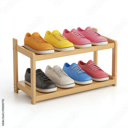 Colorful Casual Shoes Displayed on Wooden Rack Shelf. Generative Ai. photo