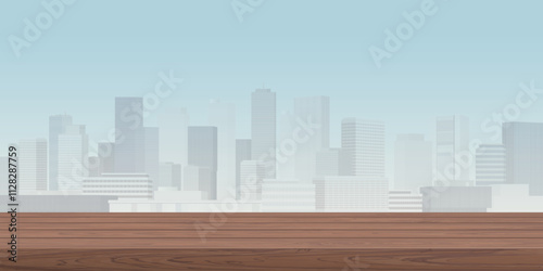 wooden counter mocha mousse tone have blank space for place the products presentation or advertisement with cityscape and blue sky background graphic illustration.