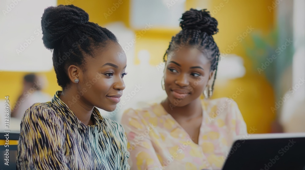Two young women collaborating together in a workspace, sharing ideas and insights. Their smiles show a connection and teamwork, highlighting productivity and friendship. Two young women collaborating together in a workspace, sharing ideas and insights. Their smiles show a connection and teamwork, highlighting productivity and friendship.