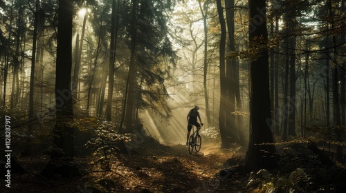 A young person cycling through a dense forest with sunlight streaming through the trees, The cyclist occupies one-third to one-half of the image photo