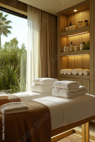 Tranquil spa room with massage tables and tropical garden view