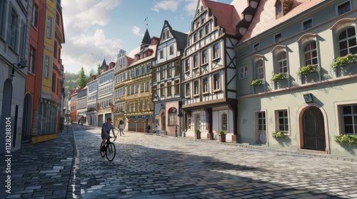 A young person cycling through a historic town square with cobblestone streets and colorful buildings, The cyclist fills one-third to one-half of the image