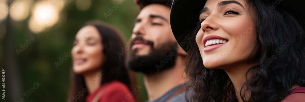 Fototapeta premium A group of happy young adults is enjoying a joyful moment, showing smiles and connection as they enjoy each other's company in a natural setting.