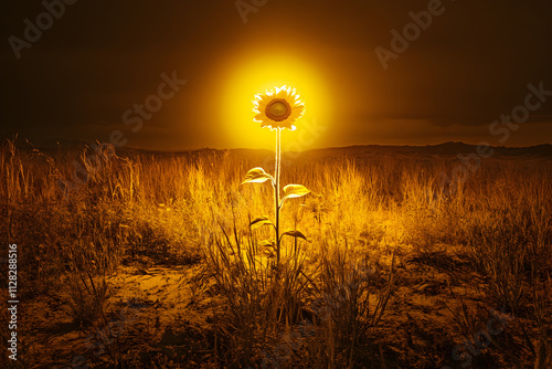 A glowing sunflower stands alone in a dark, grassy field, radiating warmth and light.