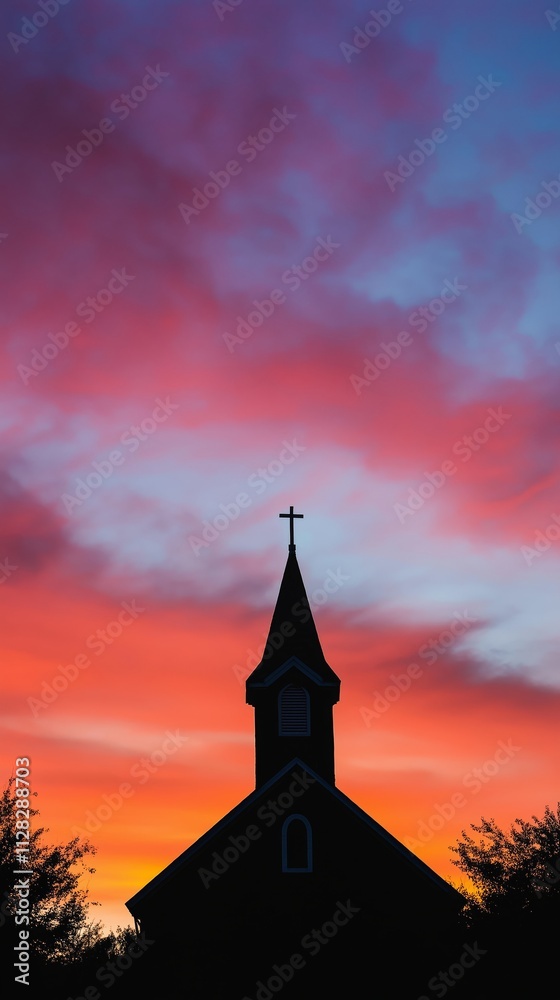 Fototapeta premium Church silhouette against vibrant sunset sky