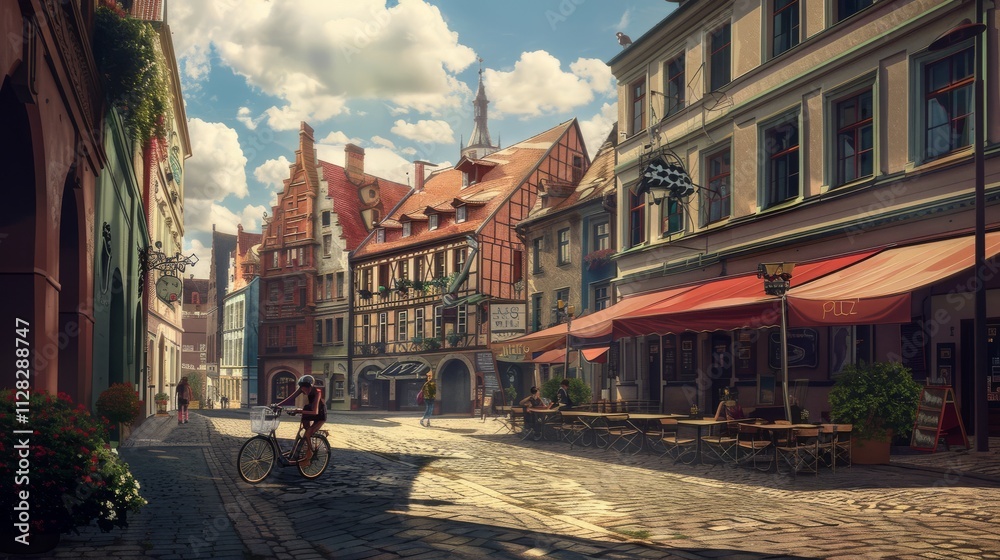 A young person cycling through a historic town square with cobblestone streets and colorful buildings, The cyclist fills one-third to one-half of the image A young person cycling through a historic town square with cobblestone streets and colorful buildings, The cyclist fills one-third to one-half of the image