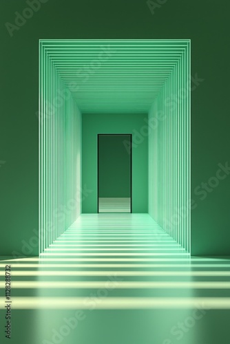 Green empty room background  symmetrical lines of light on the ground leading to an open door at the end of the line
