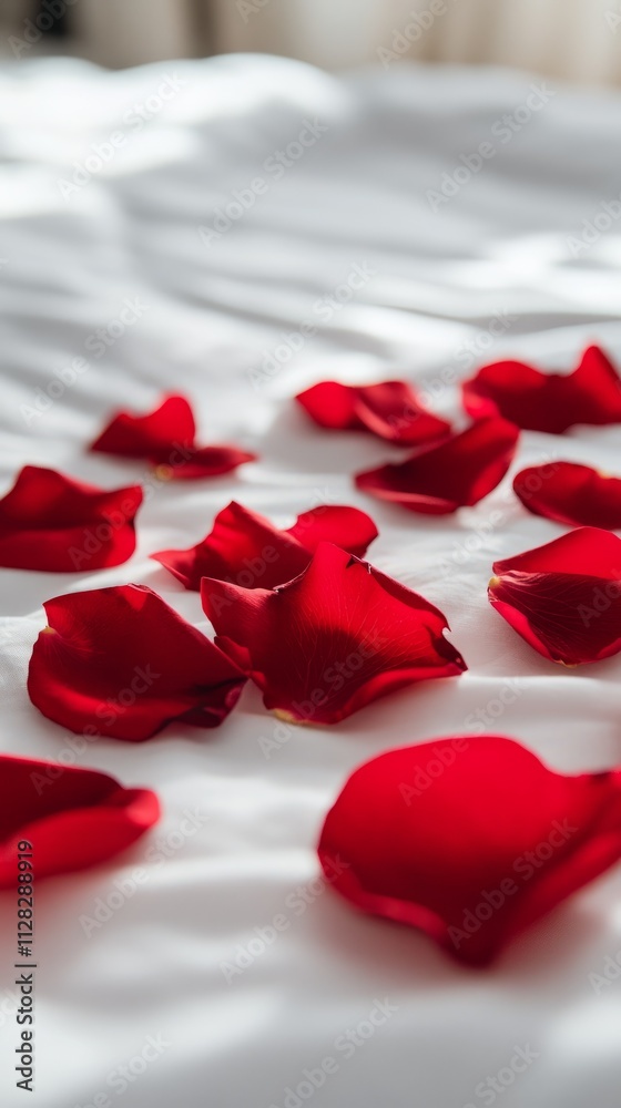 Romantic red rose petals scattered on a soft white bed for a Valentine's Day celebration Romantic red rose petals scattered on a soft white bed for a Valentine's Day celebration