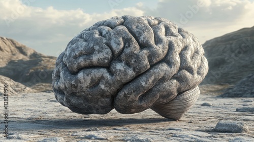 Stone Brain in Desolate Landscape: A Metaphor for Mental Fortitude and Resilience