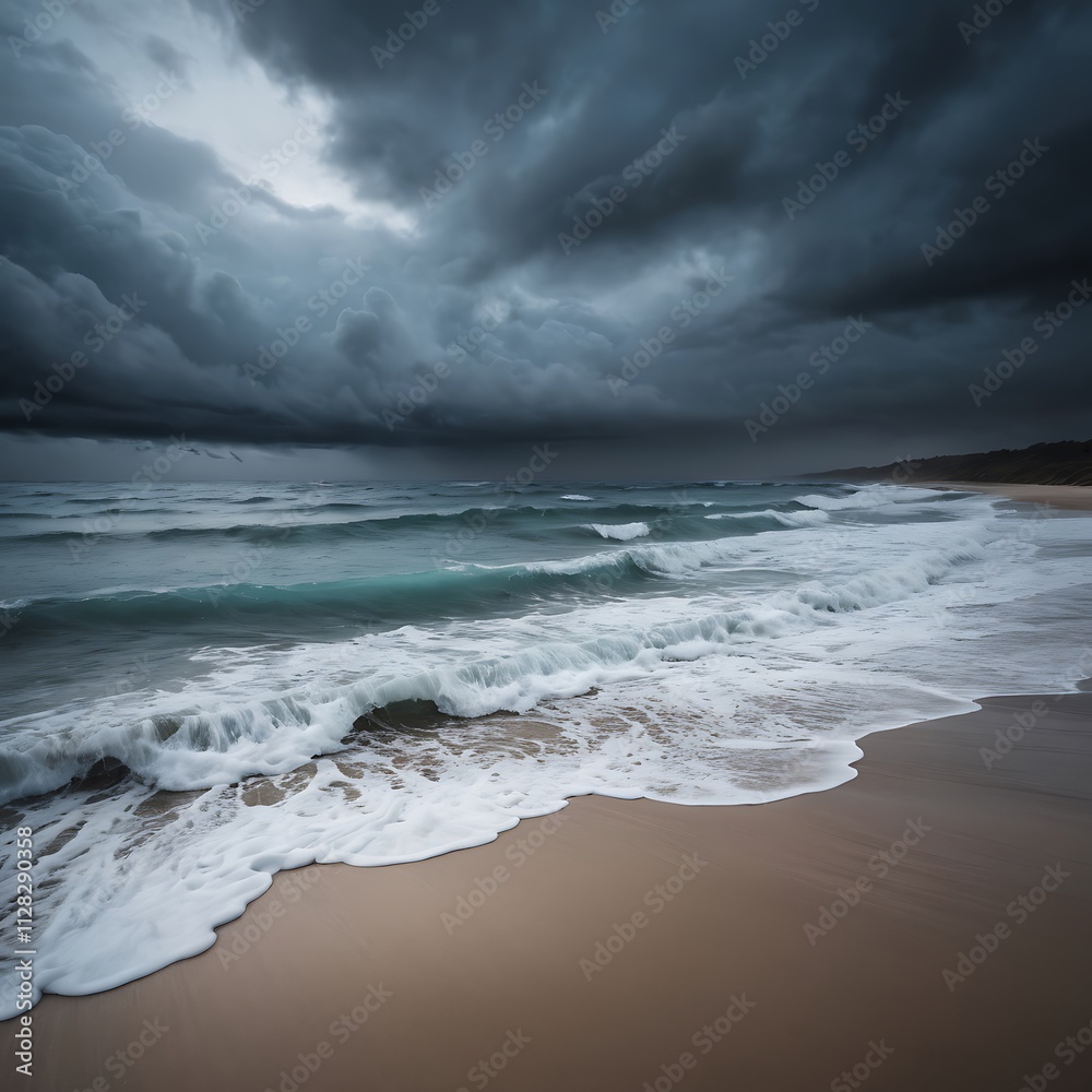 Fototapeta premium Dramatic Stormy Seascape on a Coastal Beach. Generative AI