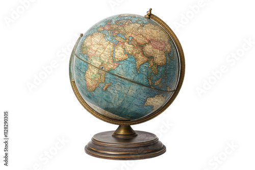 Vintage globe displaying world map with detailed geography and brass stand for educational purposes