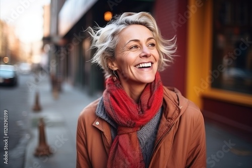 Portrait of a smiling senior woman on a city street in winter