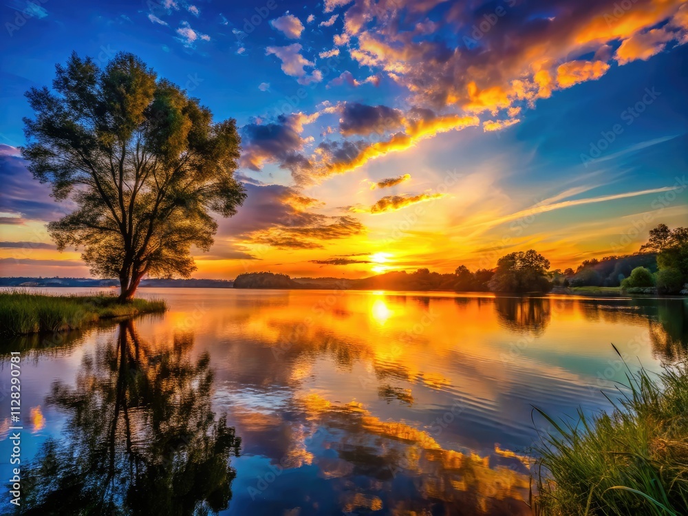 Romantic sunset: calm lake reflects a fiery sky, trees stand in silhouette, golden hour magic. Romantic sunset: calm lake reflects a fiery sky, trees stand in silhouette, golden hour magic.
