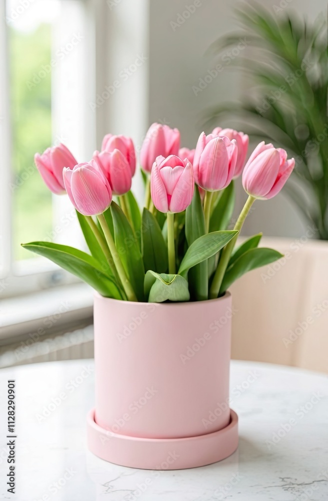 Romantic bouquet of pink tulips in a box against a light interior and a large window. Space for text. Ideal for advertising flower shop delivery, congratulations Romantic bouquet of pink tulips in a box against a light interior and a large window. Space for text. Ideal for advertising flower shop delivery, congratulations