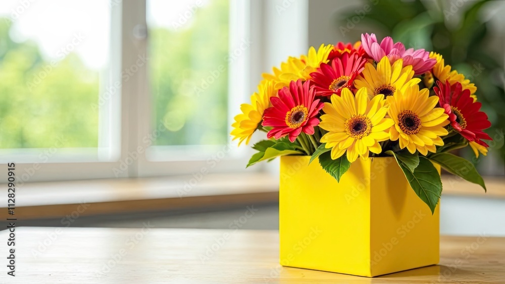 Romantic bouquet of gerberas in a yellow box against the background of a light interior and a large window. Space for text. Ideal for advertising flower shop delivery, congratulations