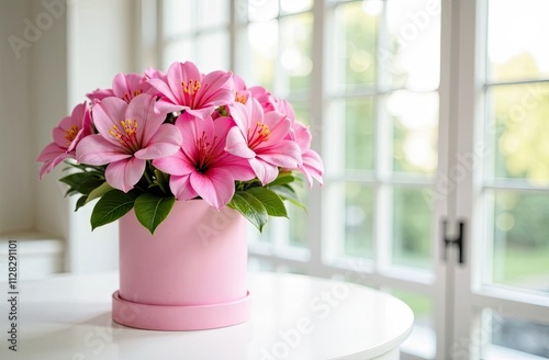 Romantic bouquet of pink alsemerias in a box against the background of a light interior and a large window. Space for text. Ideal for advertising flower shop delivery, congratulations photo