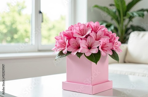 Romantic bouquet of pink alsemerias in a box against the background of a light interior and a large window. Space for text. Ideal for advertising flower shop delivery, congratulations photo