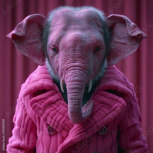Whimsical Portrait of an Elephant in a Vibrant Pink Coat Against a Bold Magenta Background Blending Anthropomorphic Art and Surreal Fashionelephant