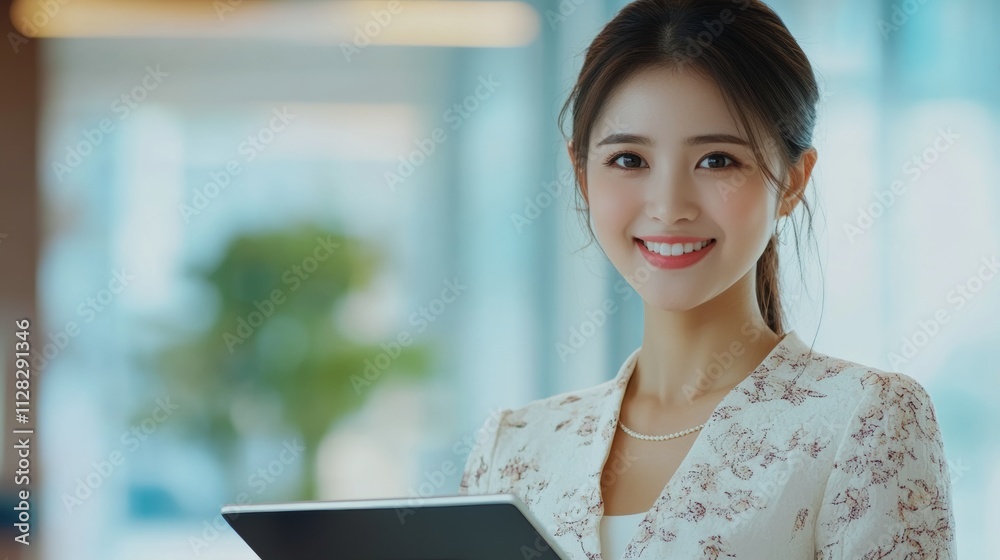 Happy young Asian saleswoman looking at camera welcoming client. Smiling woman executive manager, secretary offering professional business services holding digital tablet standing in office.