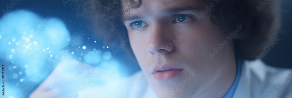 An intense close-up of a young scientist examining a swirling molecular structure through a digital interface, symbolizing curiosity, innovation, and discovery in science. An intense close-up of a young scientist examining a swirling molecular structure through a digital interface, symbolizing curiosity, innovation, and discovery in science.