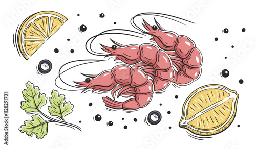 Red shrimps, lemons slice and parsley with spices isolated on white background. Shrimps with vegetables design. Vector illustration