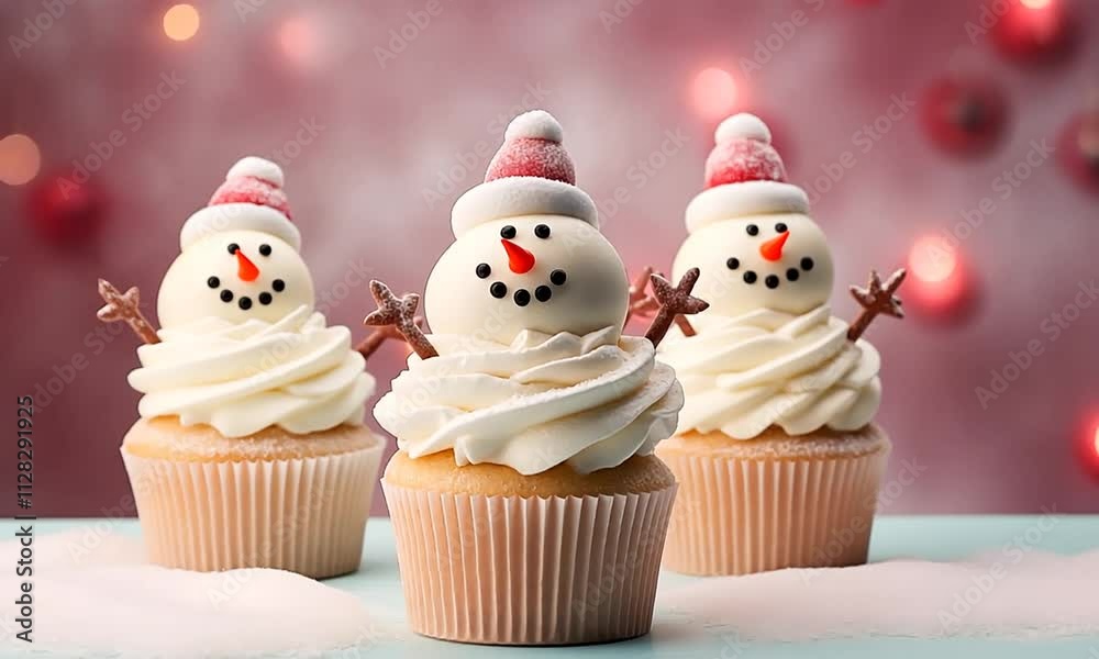 Cupcakes festifs décorés en bonhommes de neige avec crème et chapeaux roses, ambiance de Noël gourmande et créative sur fond rose scintillant.