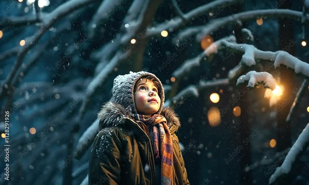 Enfant portant un bonnet et une écharpe, regardant la neige tomber dans une forêt enneigée, ambiance magique et hivernale sous les lumières scintillantes.