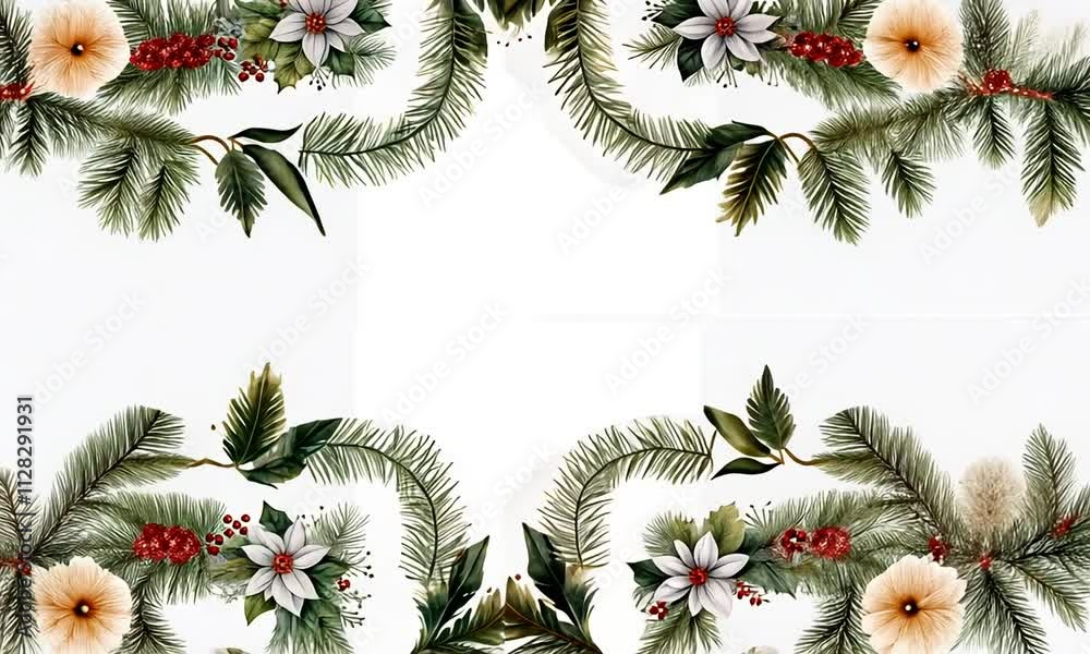 Encadrement floral de Noël avec branches de sapin, fleurs blanches et baies rouges, style élégant et naturel, fond blanc idéal pour cartes de vœux et décorations festives.