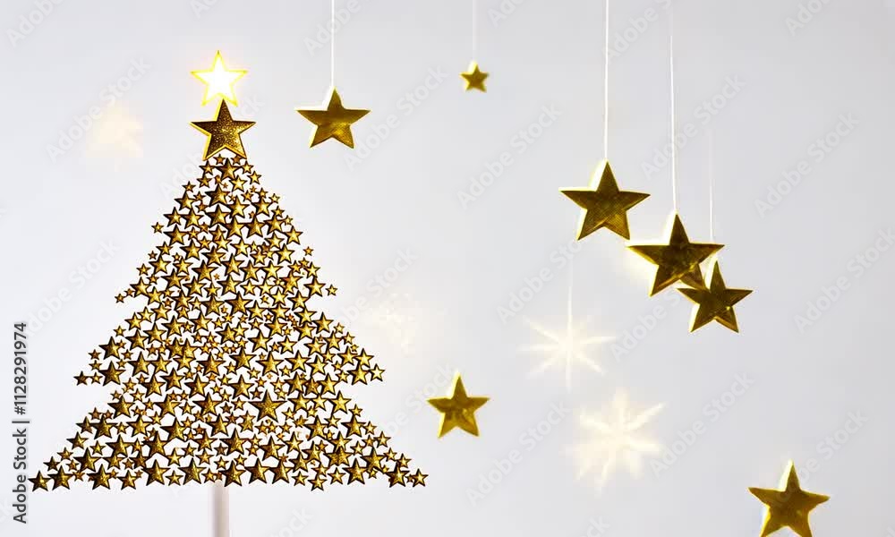 Sapin de Noël doré composé d'étoiles scintillantes suspendues sur fond blanc, ambiance lumineuse et festive, célébration de Noël et des fêtes de fin d'année, design moderne et élégant.
