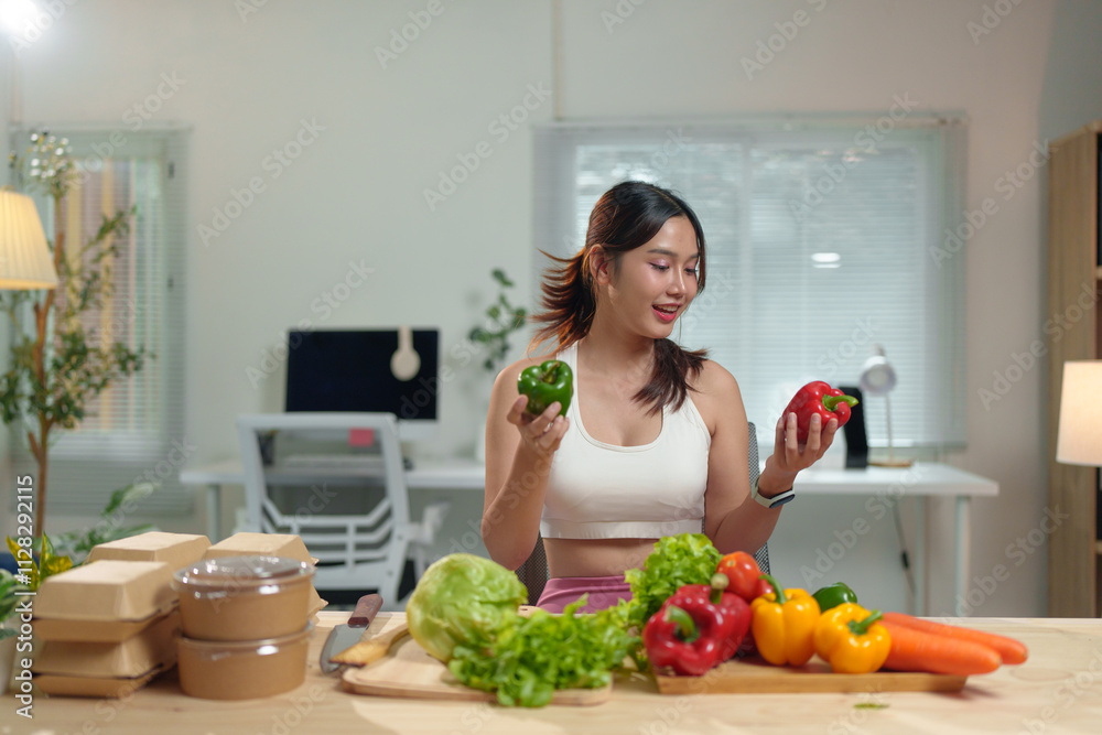 A young woman in a strong sports outfit is deciding between vegetables. Green and red peppers at the table for salad with fresh vegetables and fruits, health concept. Maintaining the body's shape. A young woman in a strong sports outfit is deciding between vegetables. Green and red peppers at the table for salad with fresh vegetables and fruits, health concept. Maintaining the body's shape.