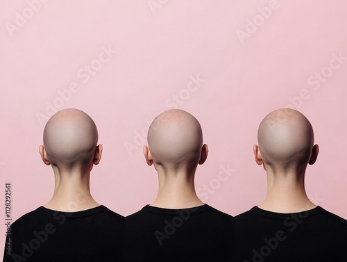 This striking image displays a series of bald heads against a soft pink background, exploring identity and self-image. photo