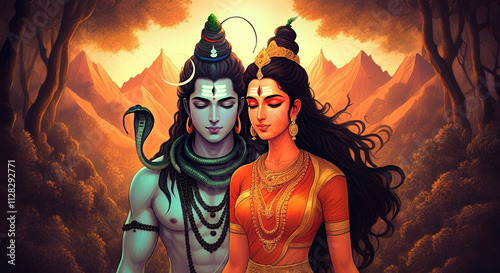 Lord Shiva and Goddess Parvati in an ethereal landscape, symbolizing their eternal bond and spiritual unity photo