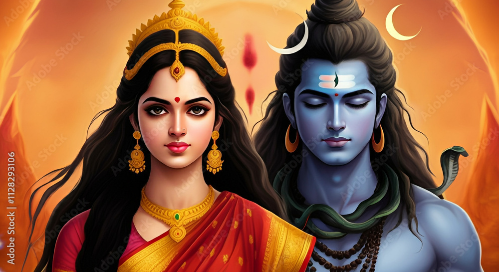 Obraz premium Lord Shiva and Parvati depicted in traditional attire, symbolizing their divine bond and cosmic unity