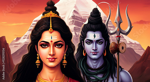 Lord Shiva and Goddess Parvati together, symbolizing the cosmic balance and divine union of energy and consciousness photo