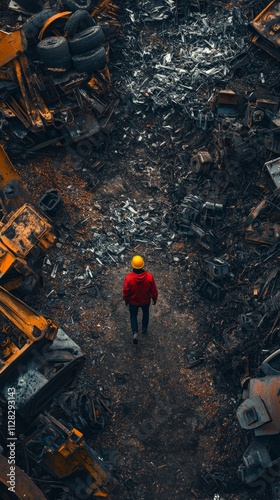 Person in a red jacket and helmet walks through a scrapyard filled with metal debris and old machinery.