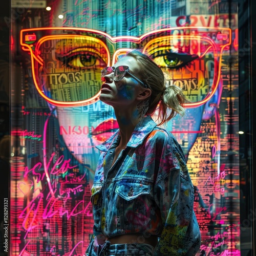 Stylish Woman in Vibrant Neon Urban Art Scene with Oversized Sunglasses and Colorful Jacket Reflecting City Lightsurban art