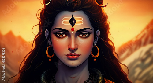 A striking portrait of Goddess Parvati with intense divine energy, representing feminine strength and grace photo