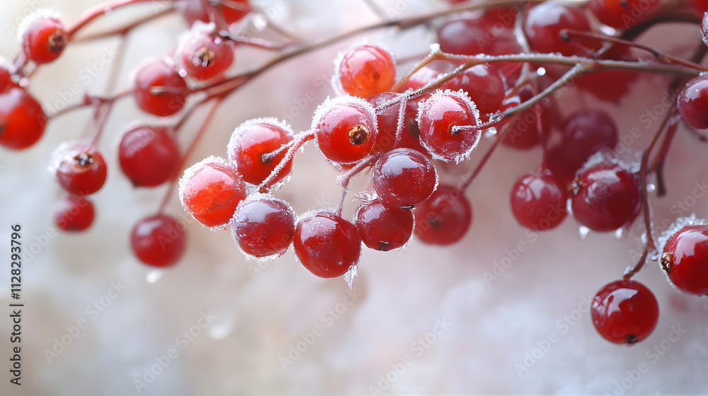 Frost-covered red berries, vibrant and colorful winter detail Frost-covered red berries, vibrant and colorful winter detail
