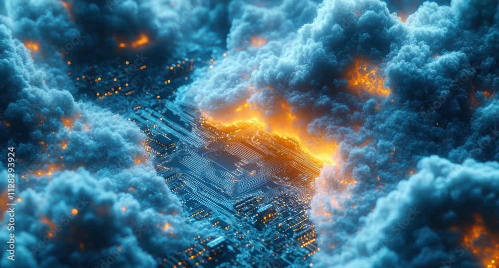 Obraz premium Abstract Representation of a Futuristic City with Technology, Clouds, Orange Lights and Detailed Circuits Amidst a Dramatic Sky of Modern Urban Landscape