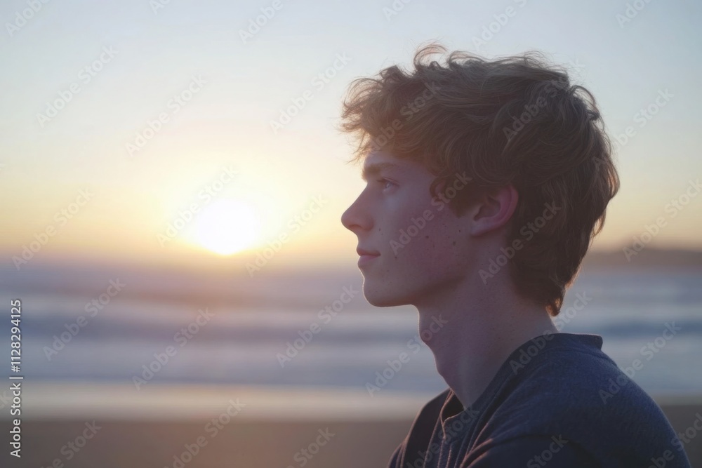 Profile of a Thoughtful Young Man Watching a Beautiful Sunset at the Beach with Ocean Waves in the Background and a Soft Glow of Evening Light Profile of a Thoughtful Young Man Watching a Beautiful Sunset at the Beach with Ocean Waves in the Background and a Soft Glow of Evening Light