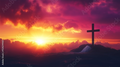 A stunning sunrise over the Crucifixion, with the glowing tomb and cross symbolizing hope and renewal.