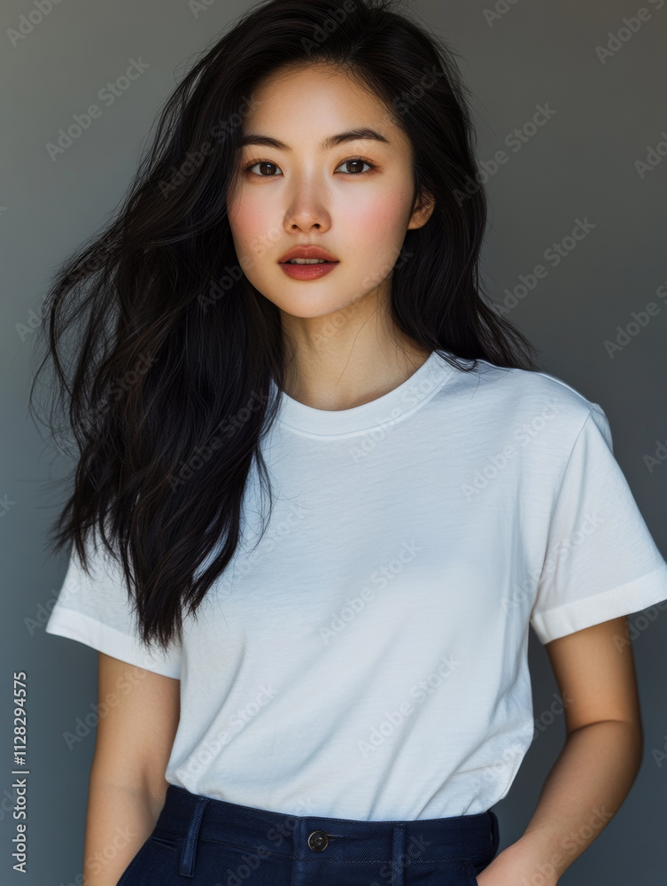 young Asian woman with long black hair poses naturally in white t shirt, exuding confidence and grace. Her expressive features and relaxed demeanor create captivating portrait young Asian woman with long black hair poses naturally in white t shirt, exuding confidence and grace. Her expressive features and relaxed demeanor create captivating portrait