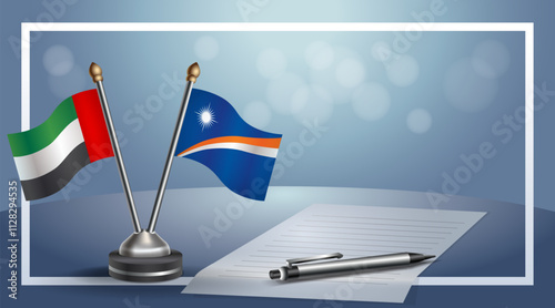 United Arab Emirate and Marshall Islands National flags on small table with bokeh background, cooperative relationship