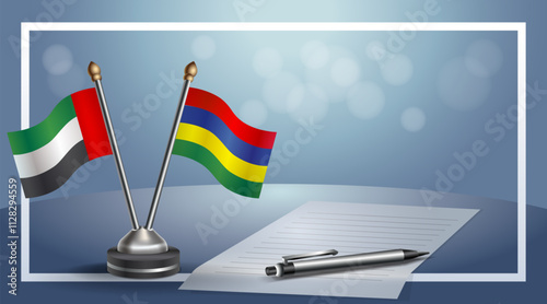United Arab Emirate and Mauritius National flags on small table with bokeh background, cooperative relationship
