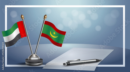 United Arab Emirate and Mauritania National flags on small table with bokeh background, cooperative relationship