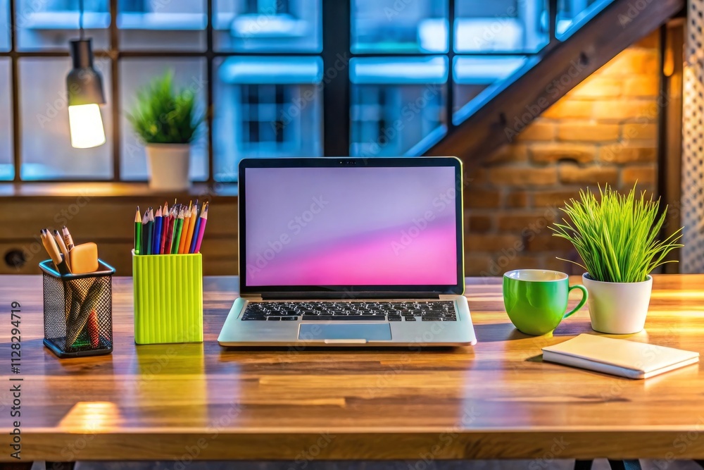 A laptop with a purple background and a purple screen with a man on it A laptop with a purple background and a purple screen with a man on it