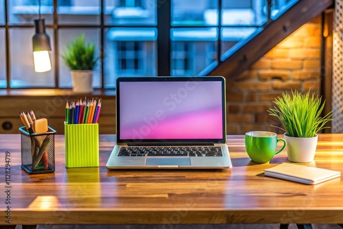 A laptop with a purple background and a purple screen with a man on it