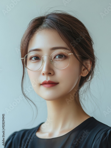 young Asian woman with glasses and gentle expression poses against soft background, wearing black top. Her hair is styled neatly, complementing her serene demeanor