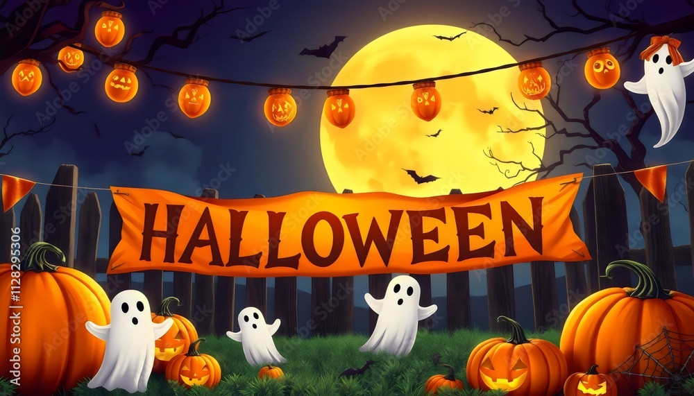 © Harry - Embrace the Halloween spirit with vibrant decorations, including a skittish banner and eerie pumpkins. A full moon sets the scene for a fun, haunted gathering filled with ghosts, costumes