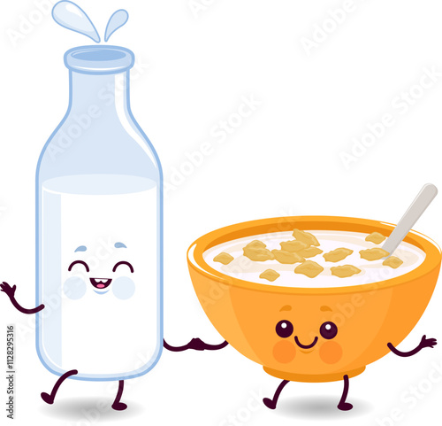 Cute cartoon healthy breakfast characters. Bottle of milk and bowl of cereal. Healthy snack food with dairy milk and corn flakes. Vector illustration.